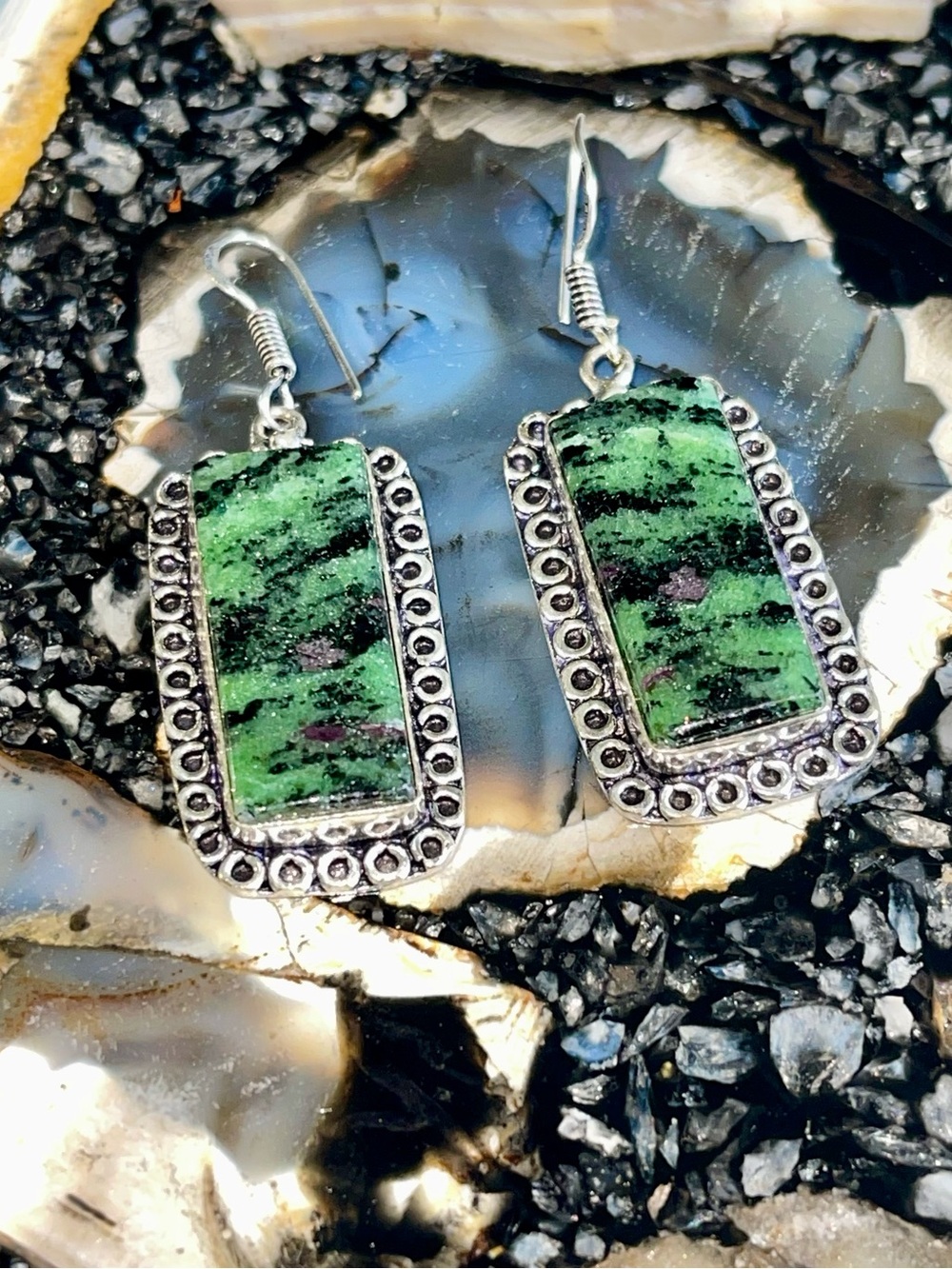 Dark Green Ruby Zoisite Crystal Earrings 2”